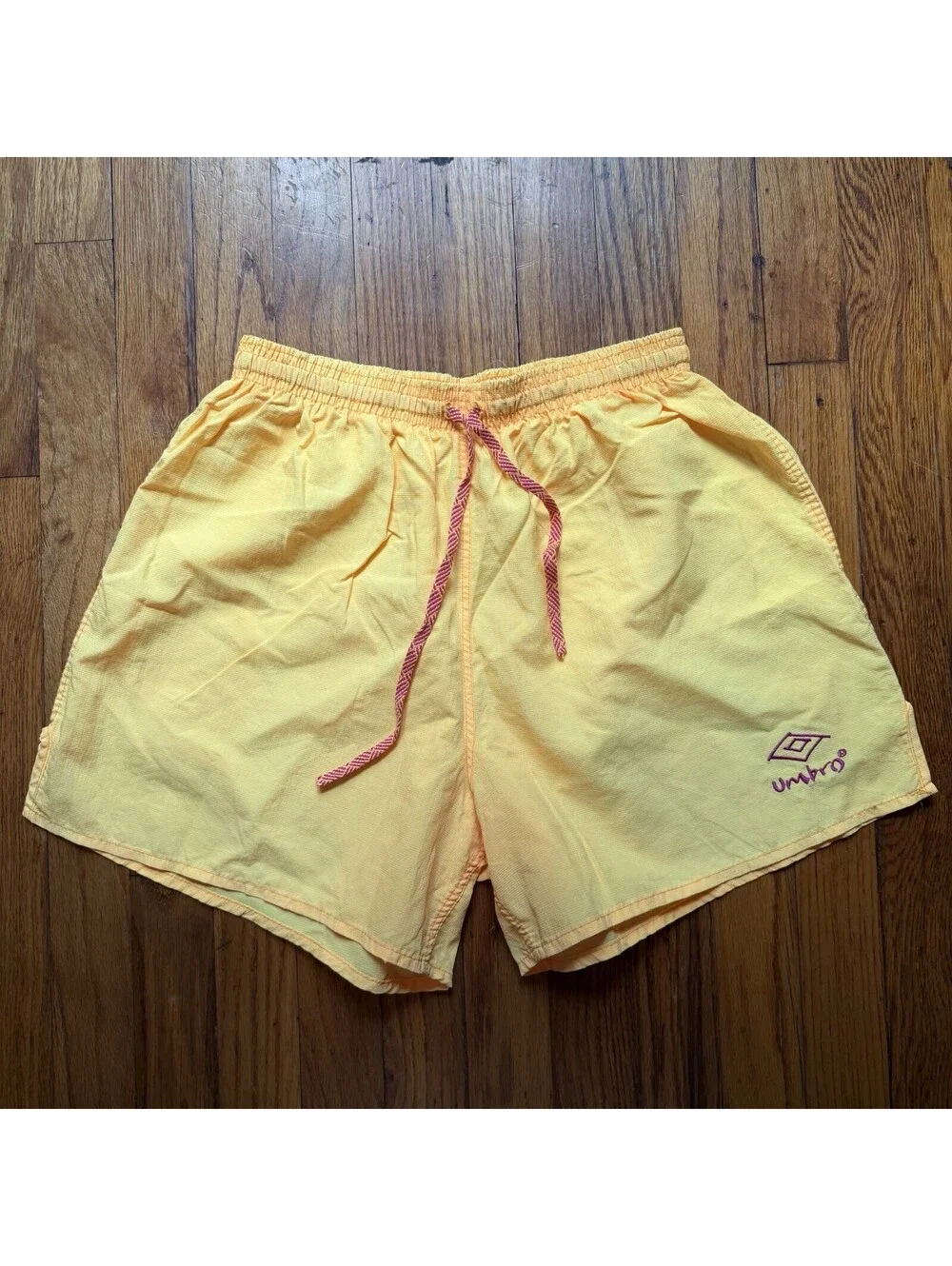Vintage umbro mens Medium nylon beach shorts yellow Hoochie Daddy Core 70s